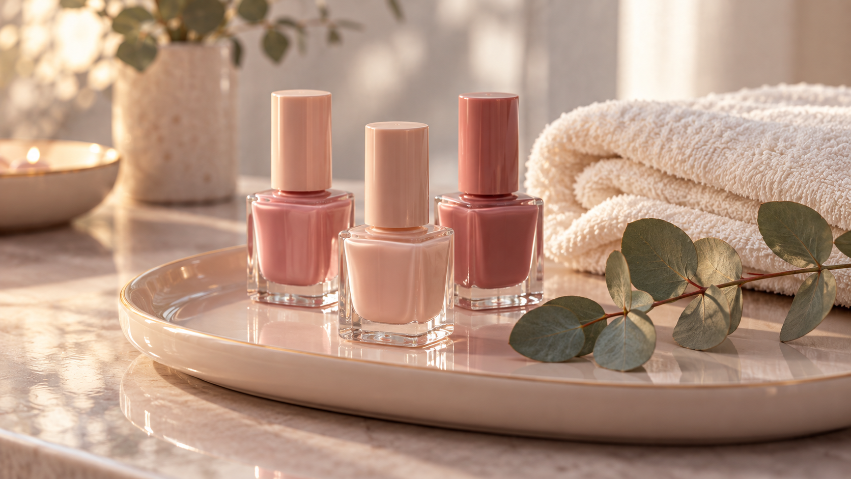 Illustrative photo of nail polish bottles in blush and nude shades on a porcelain tray
