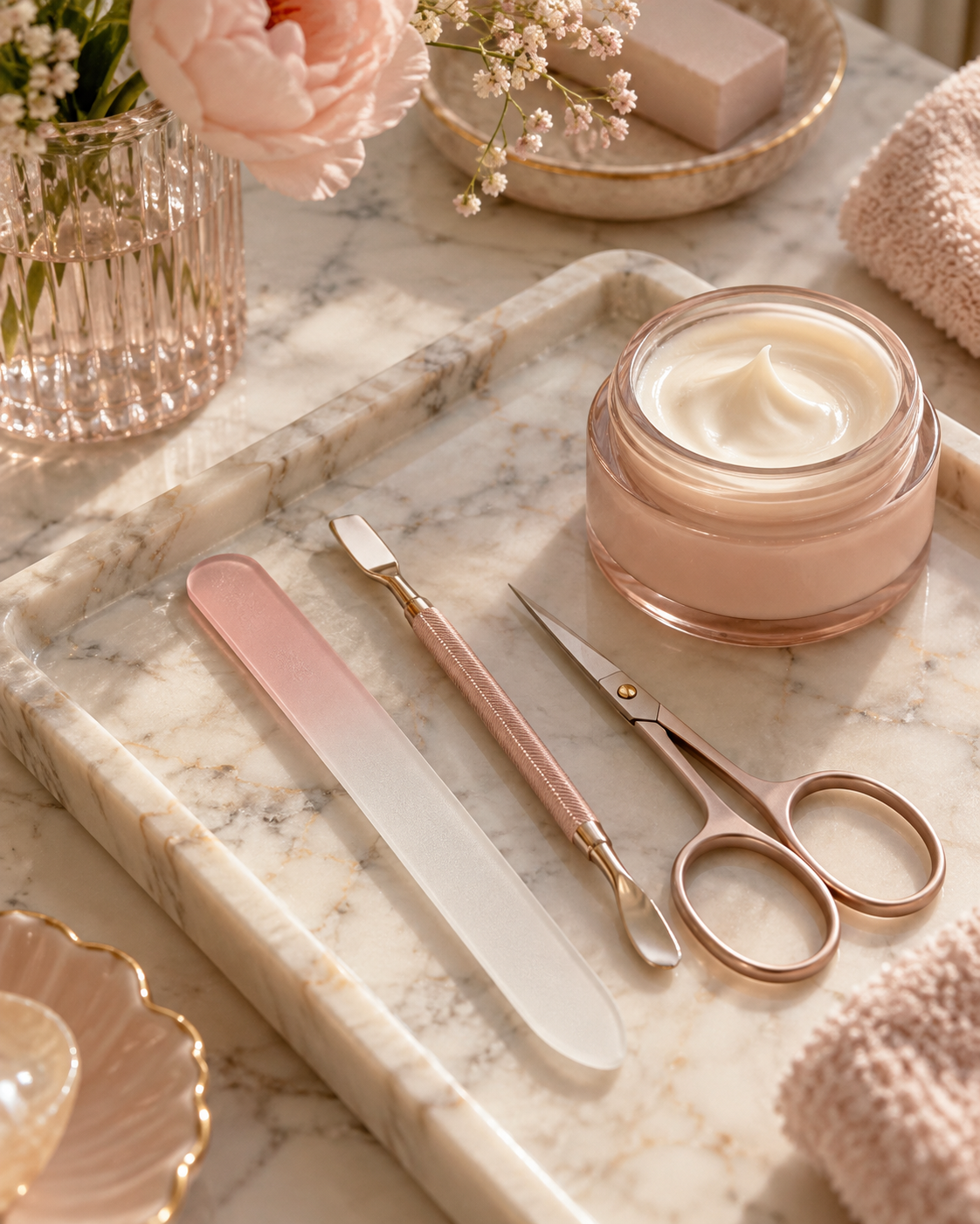 Illustrative overhead photo of manicure tools on a marble tray beside hand cream